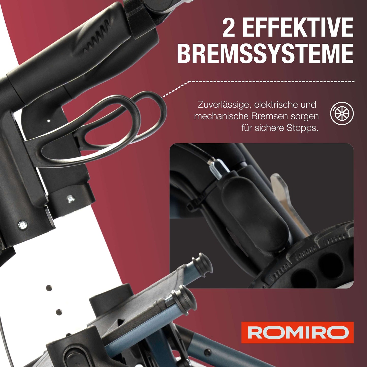 ROMIRO Rollator mit elektrischen und mechanischen Bremssystemen für maximale Sicherheit.