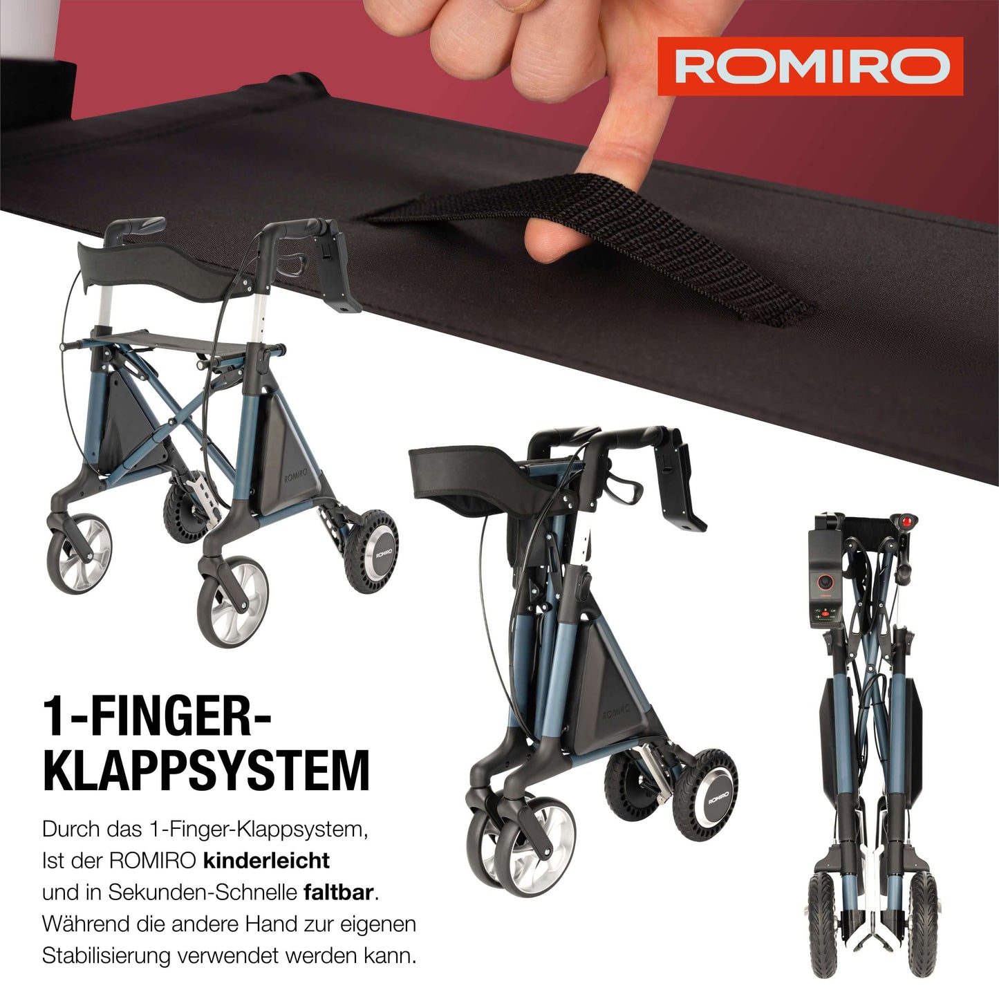 ROMIRO Rollator mit Einhand-Faltmechanik – kinderleicht und platzsparend zusammenklappbar.