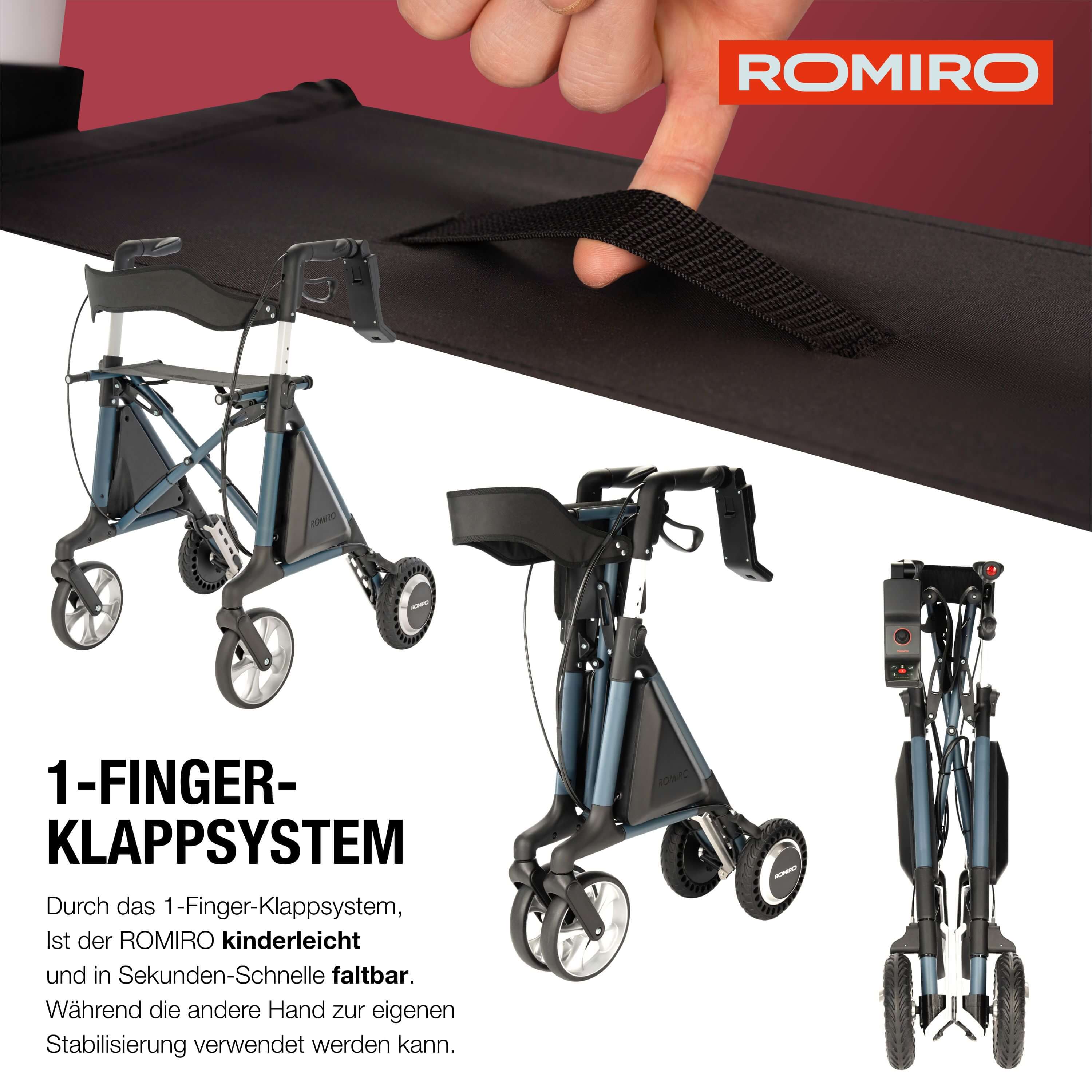 ROMIRO Rollator mit Einhand-Faltmechanik – kinderleicht und platzsparend zusammenklappbar.