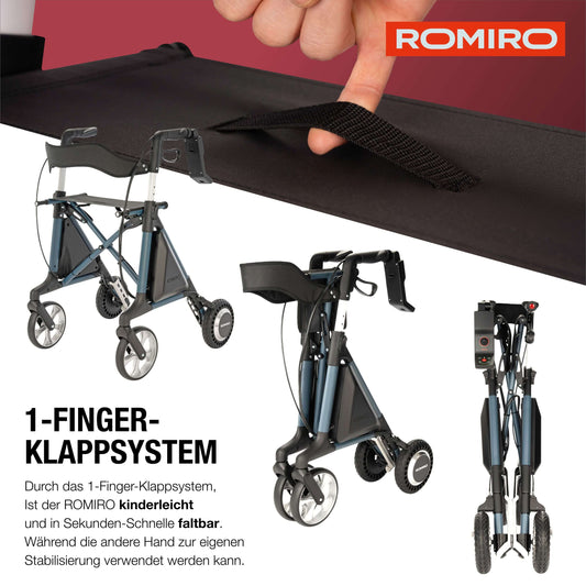 ROMIRO Rollator mit Einhand-Faltmechanik – kinderleicht und platzsparend zusammenklappbar.