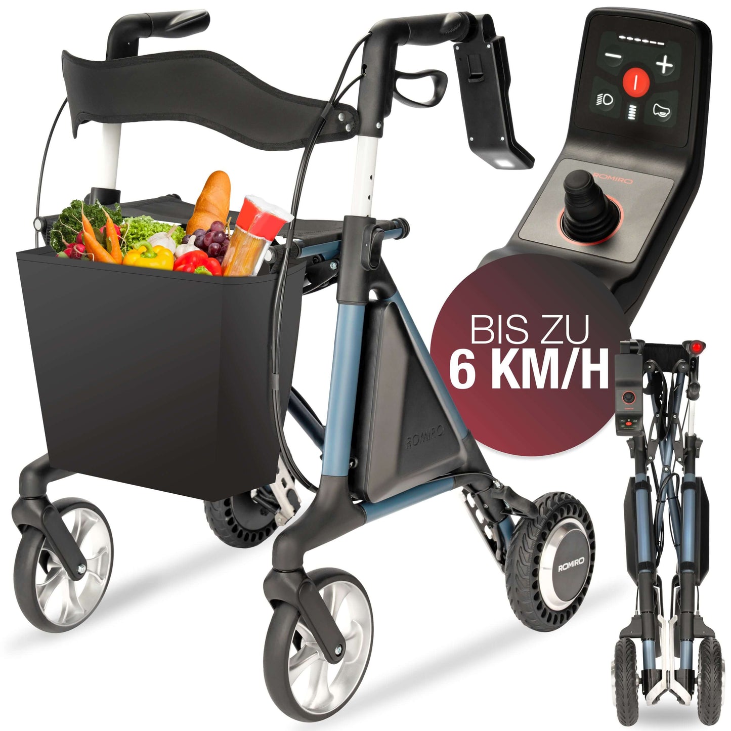 ROMIRO elektrischer Rollator mit Einkaufstasche, faltbar, Reichweite von 7 Kilometern und Geschwindigkeit bis zu 6 km/h.