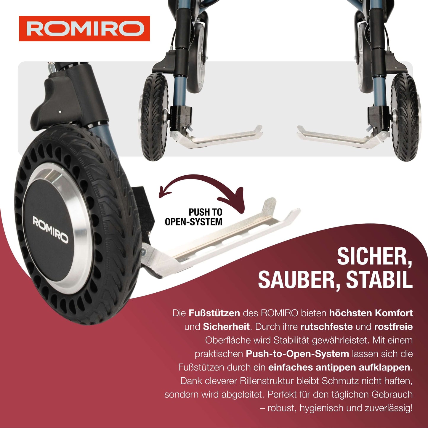 ROMIRO Rollator mit Fußstütze – Zubehör für Komfort und Sicherheit.