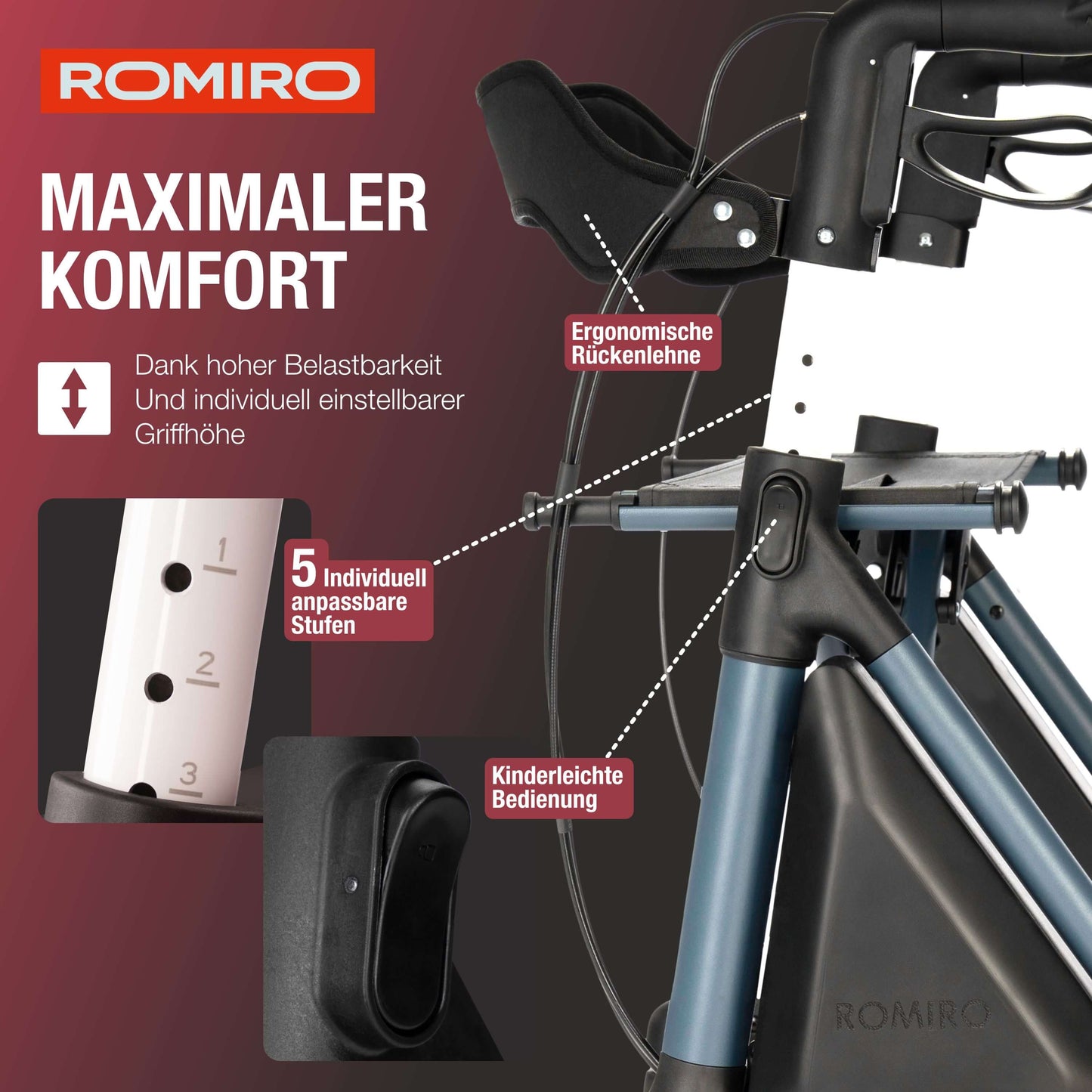 Ergonomische Rückenlehne und individuell einstellbare Griffhöhe des ROMIRO Rollators.