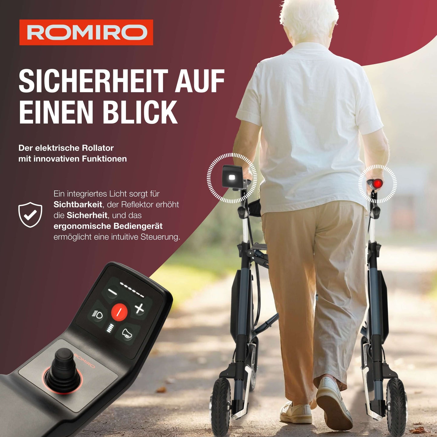 ROMIRO Rollator mit Reflektoren und Licht für optimale Sichtbarkeit und Sicherheit.