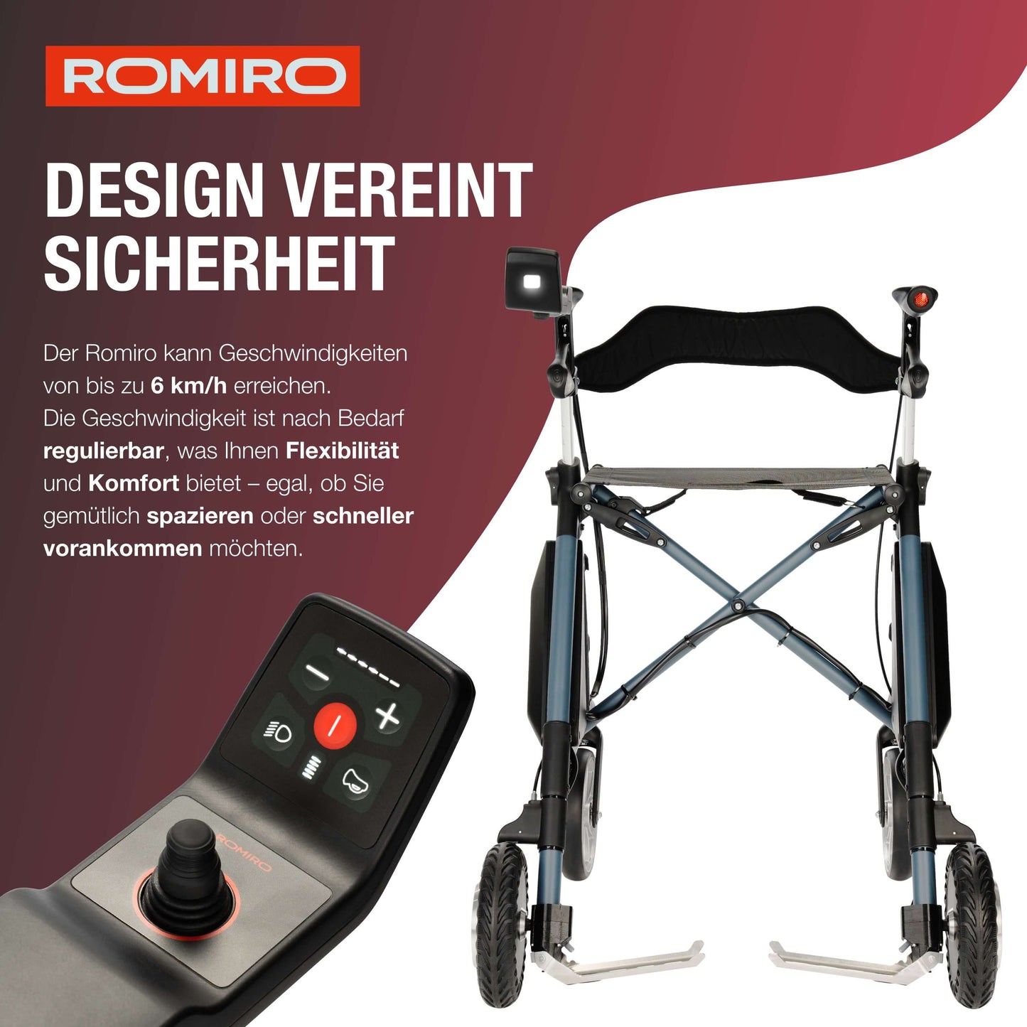 Stufenlose Geschwindigkeitsregelung des ROMIRO Rollators – einfach und ohne Führerschein nutzbar.