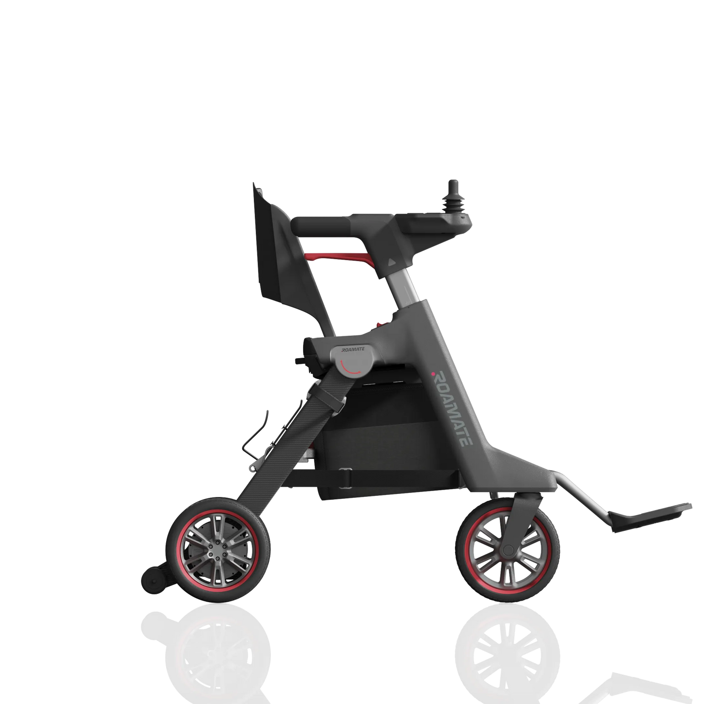ROAMATE elektrische Mobilitätshilfe in Schwarz, Seitenansicht mit ausgeklappten Fußstützen – faltbar und kompakt.