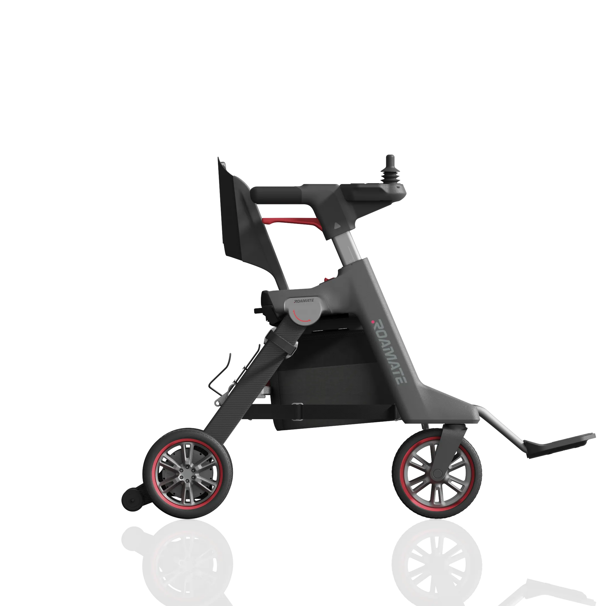 ROAMATE elektrische Mobilitätshilfe in Schwarz, Seitenansicht mit ausgeklappten Fußstützen – faltbar und kompakt.