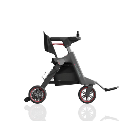 ROAMATE elektrische Mobilitätshilfe in Schwarz, Seitenansicht mit ausgeklappten Fußstützen – faltbar und kompakt.