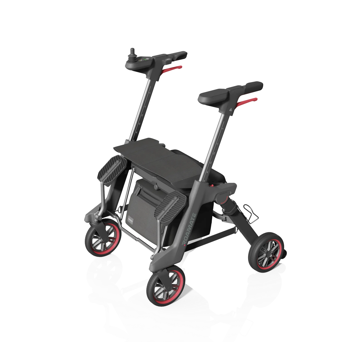 ROAMATE faltbarer Elektrorollstuhl in Schwarz, schräg von vorne fotografiert – leicht, stabil und transportfreundlich.