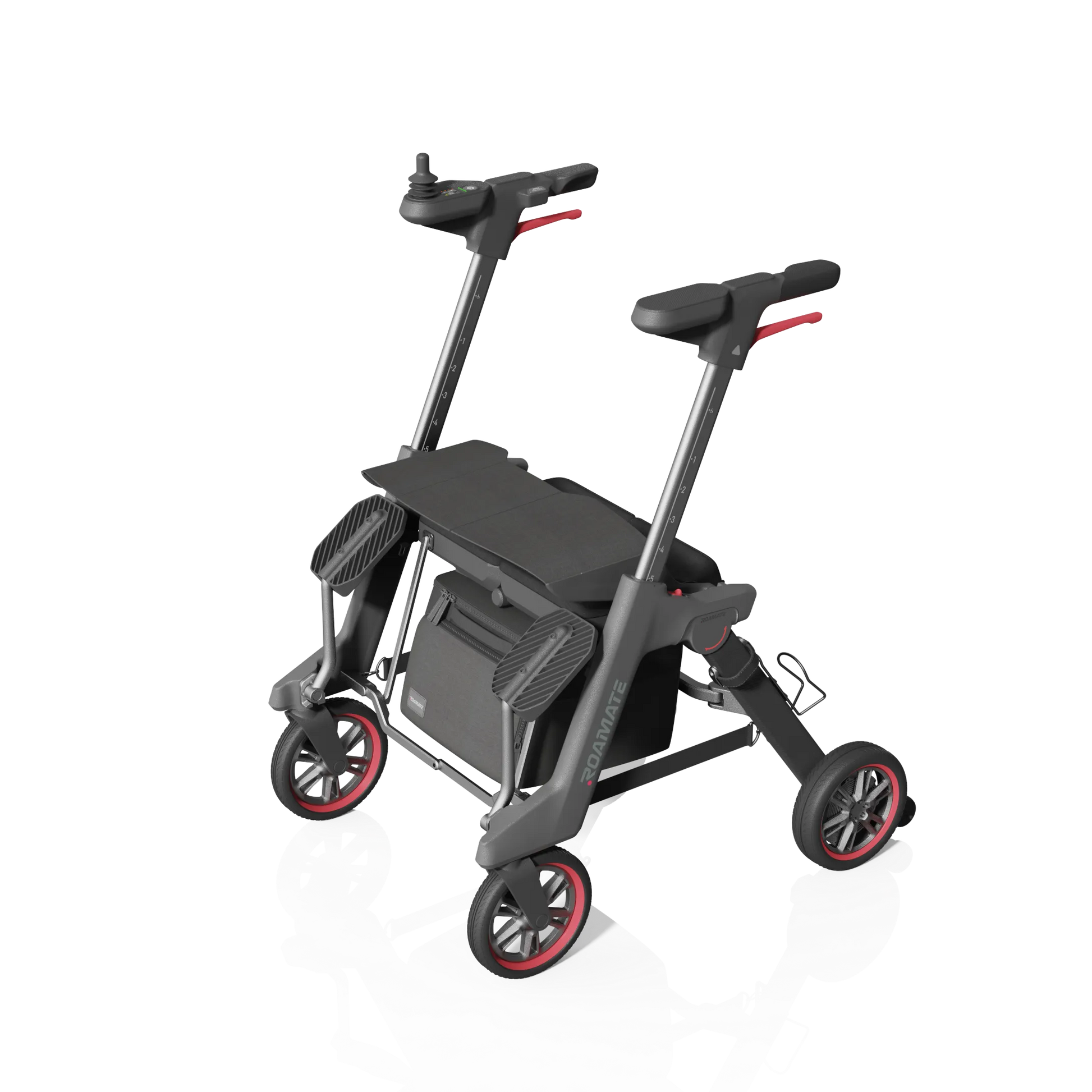 ROAMATE faltbarer Elektrorollstuhl in Schwarz, schräg von vorne fotografiert – leicht, stabil und transportfreundlich.