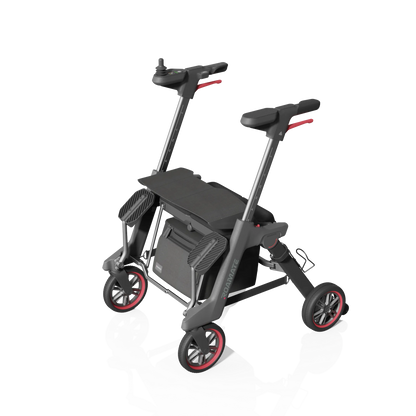 ROAMATE faltbarer Elektrorollstuhl in Schwarz, schräg von vorne fotografiert – leicht, stabil und transportfreundlich.