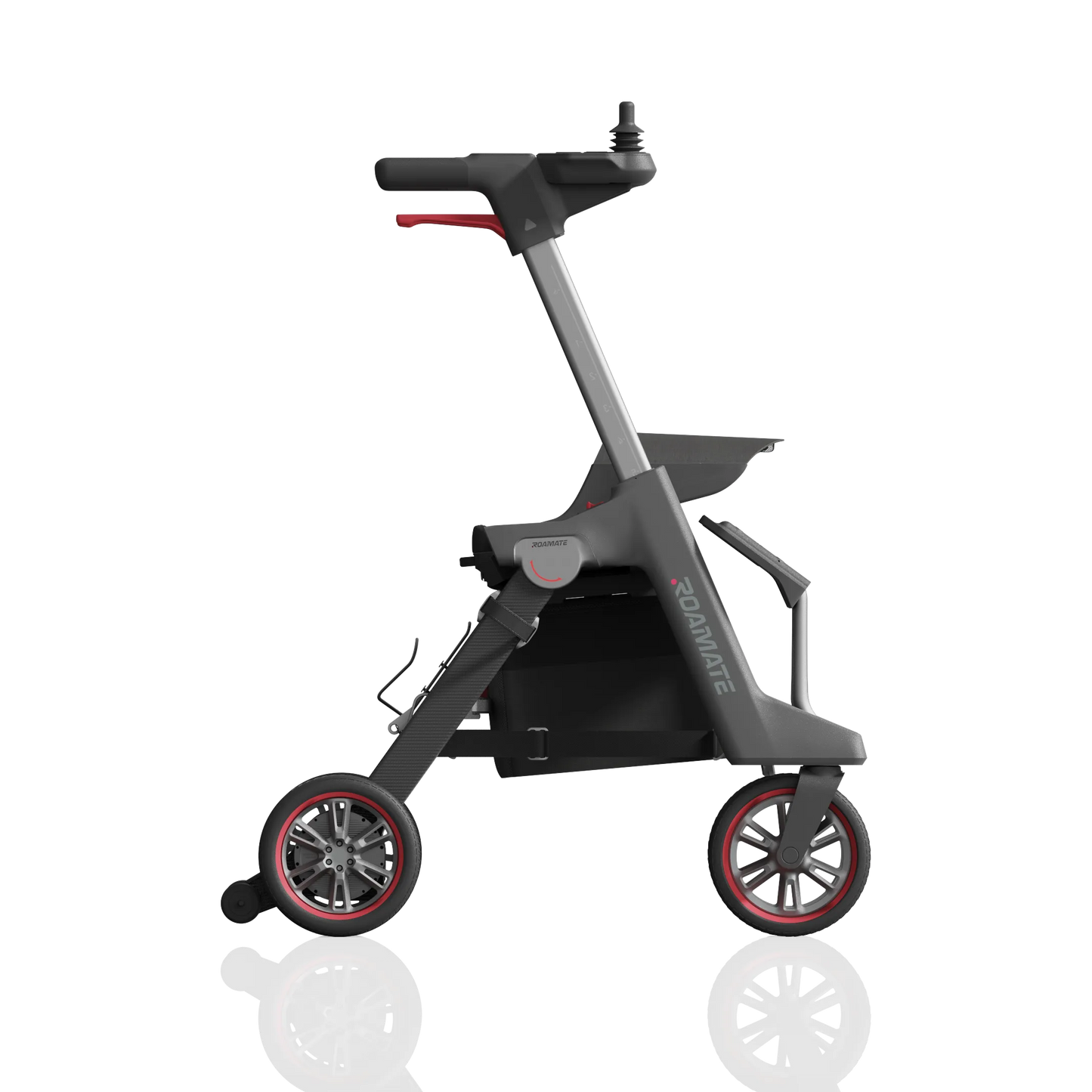 ROAMATE elektrischer Rollstuhl, Seitenansicht – modernes, ergonomisches Design mit roten Akzenten und Joystick-Steuerung.
