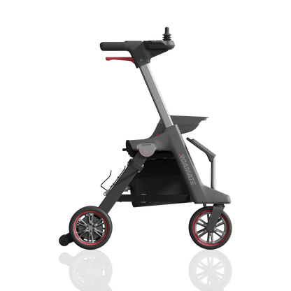 ROAMATE elektrischer Rollstuhl, Seitenansicht – modernes, ergonomisches Design mit roten Akzenten und Joystick-Steuerung.
