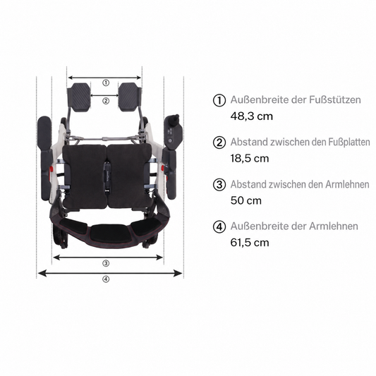 ROAMATE Fußstützen: Außenbreite 48,3 cm, Abstand zwischen den Fußplatten 18,5 cm; Armlehnenabstand 50 cm und Armlehnen-Außenbreite 61,5 cm